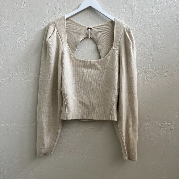 Free People Cream Open Back Puff Sleeve Ribbed Sweater - Picture 6 of 9